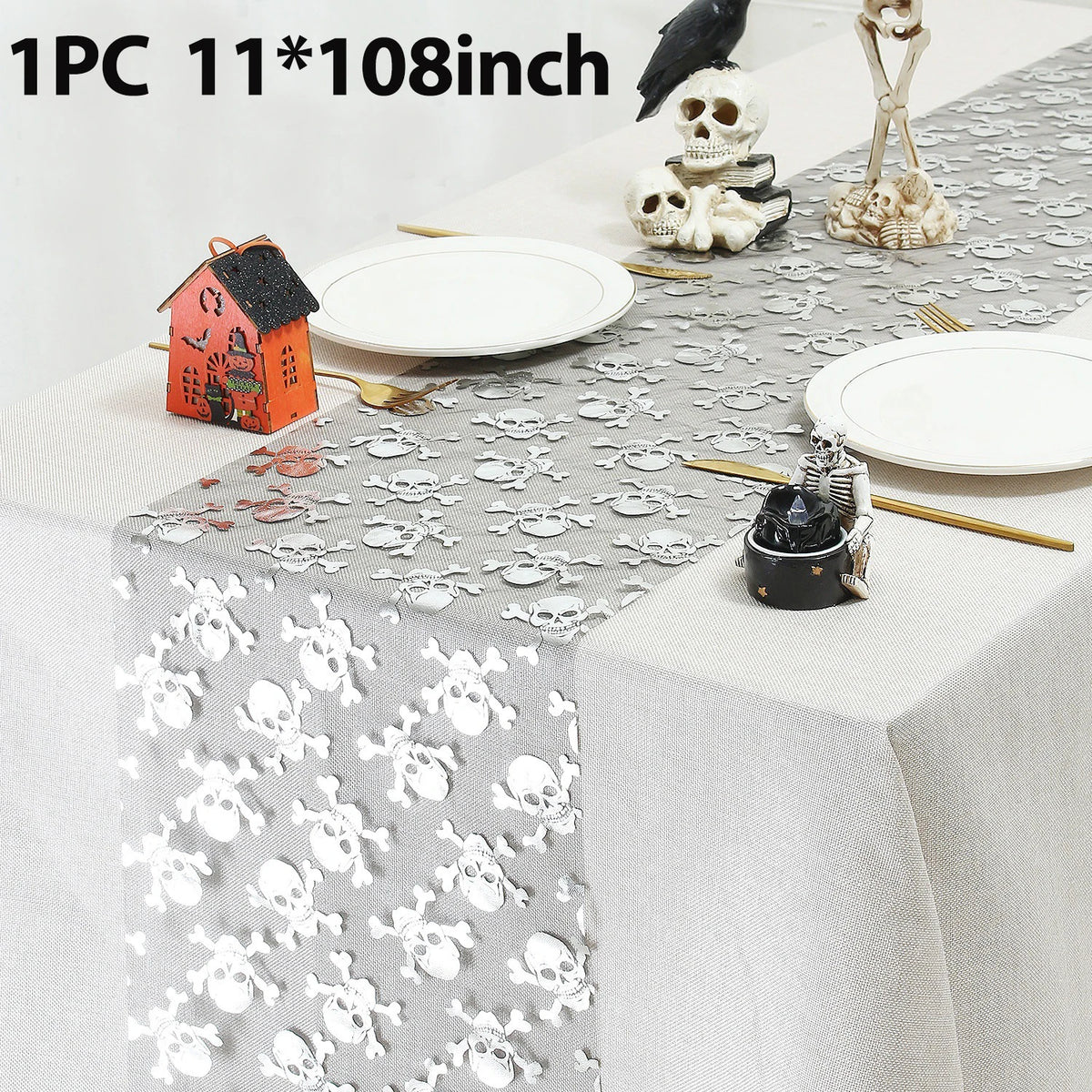 table table halloween citrouilles crânes araignées feuilles gris doré unique festive