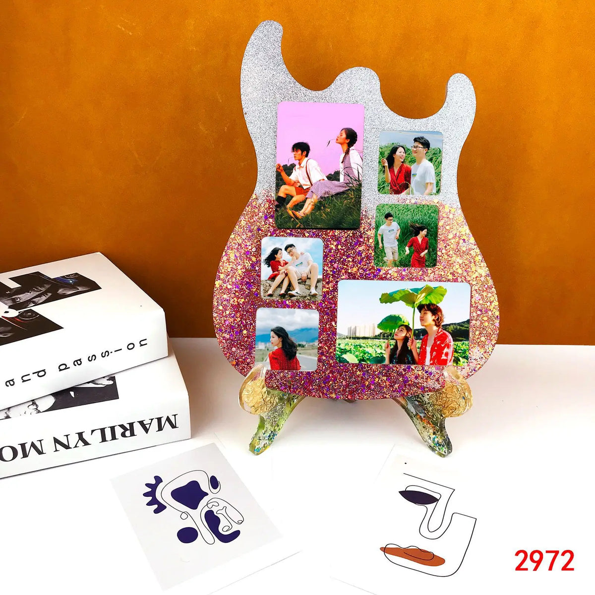 Cadre photo mural moderne violet paillettes floraux décoration argenté doréversible adhésif
