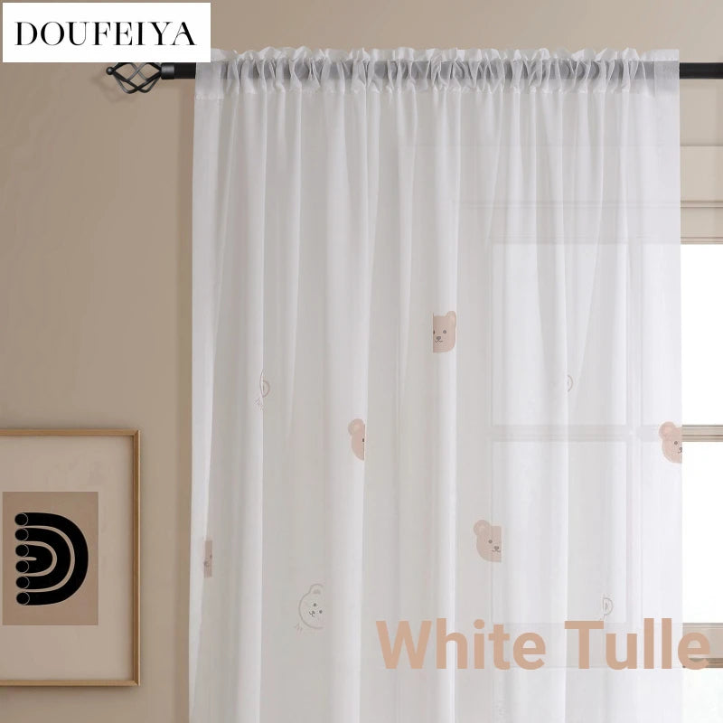 rideau transparent blanc motif ours marron texte happy day moderne chambre enfant salon
