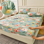 drap housse floral imprimé fleurs colorées moderne elastique oreillers assortis adultes chambre verte blanche