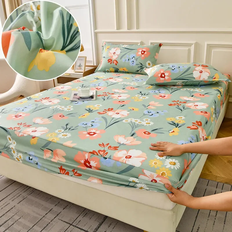 drap housse floral imprimé fleurs colorées moderne elastique oreillers assortis adultes chambre verte blanche
