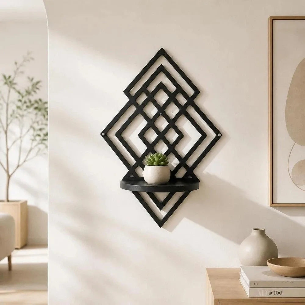 étagère murale bois géométrique moderne noir plante vase bougie diffuseur huiles essentielles