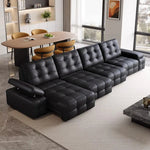 canapé d'angle moderne cuir noir boutons carrés coussins reposé pieds multifonctionnel