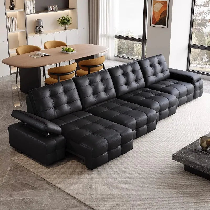 canapé d'angle moderne cuir noir boutons carrés coussins reposé pieds multifonctionnel