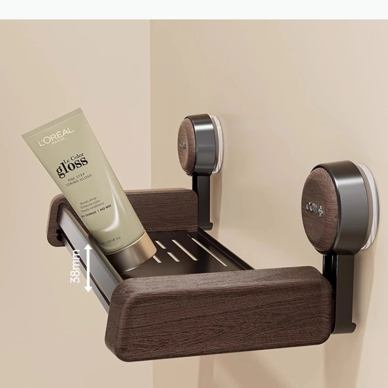 étagère murale ventouse bois imitation moderne rangement salle bain produits toilette serviettes minimaliste marron