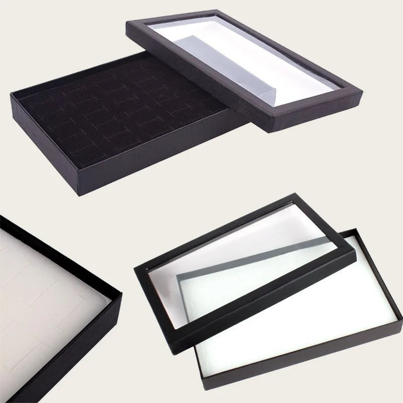 boîte bijoux velours noir geometrique classique rangement 36 compartiments couvercle transparent métal