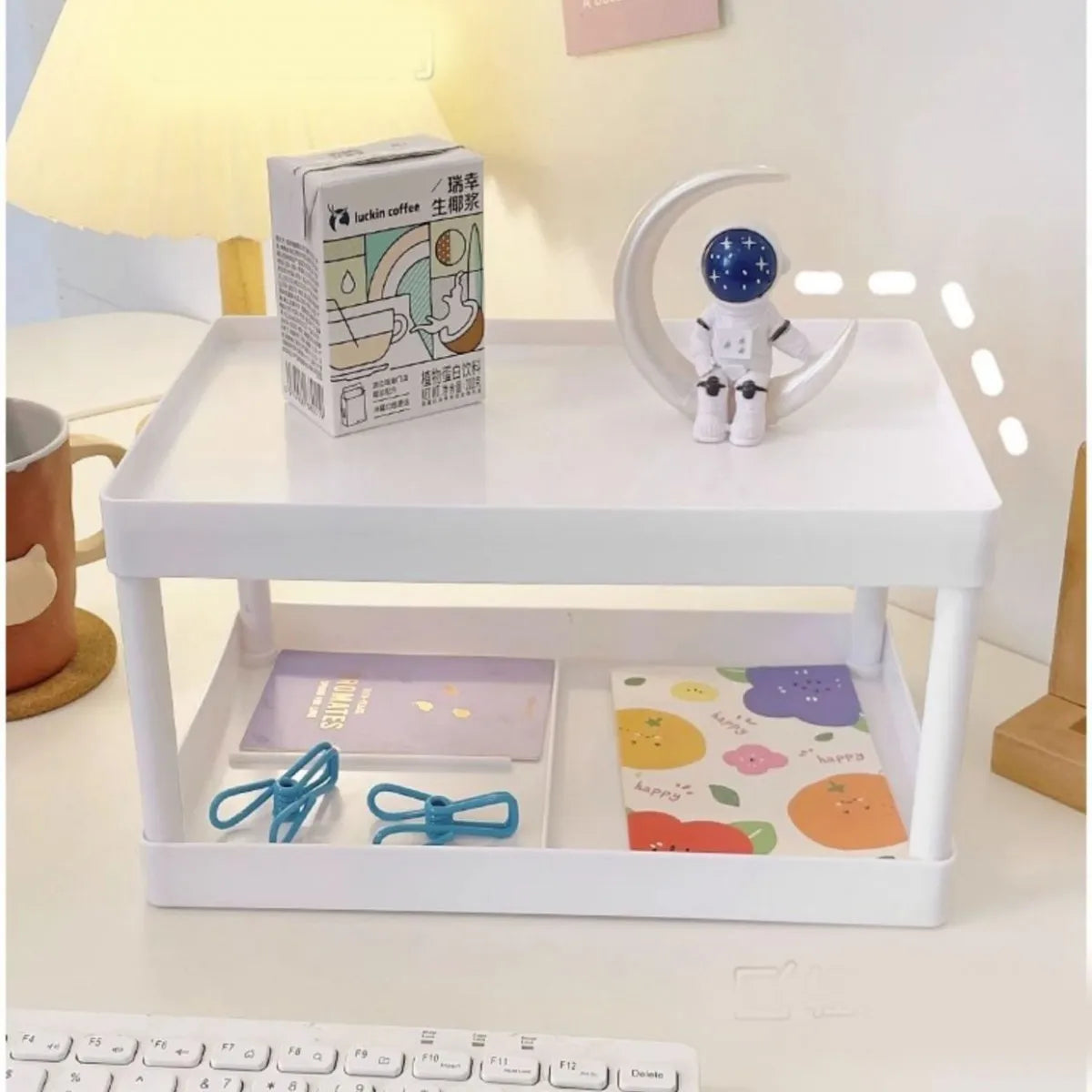 support rangement double niveau blanc moderne rangement papeterie stylo cahier agrafeuse marque page boite