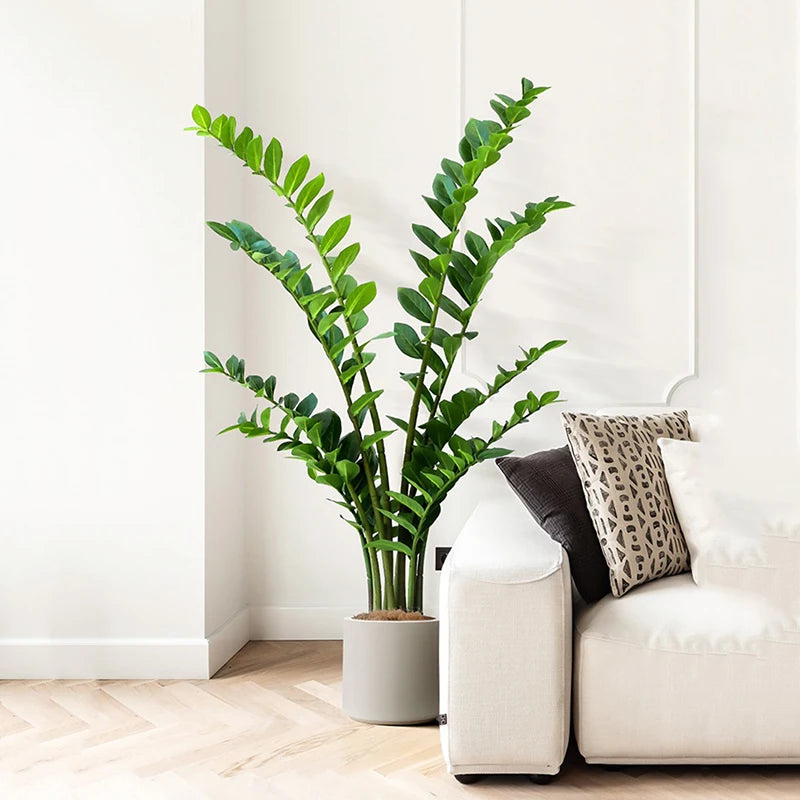 plantes artificielles branches vertes feuilles simples extérieur moderne pot blanc exposé