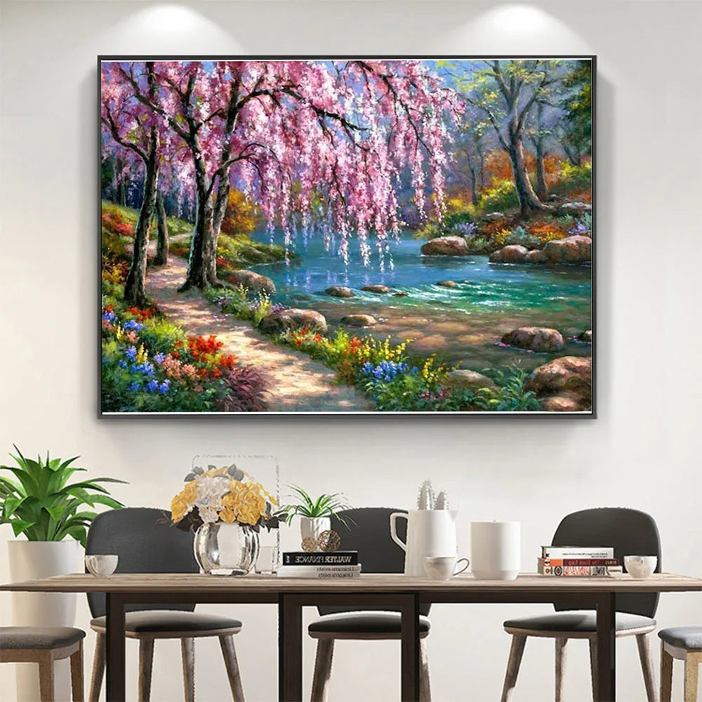 tableau paysage floral broderie point croix coton moderne peinture DIY kit écheveau toile