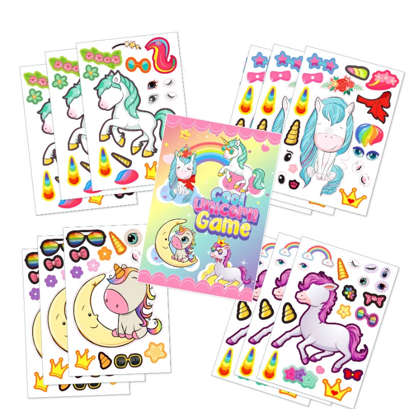 sticker enfant licorne dessin animé bleu blanc rose doré anniversaire fête activités jeu