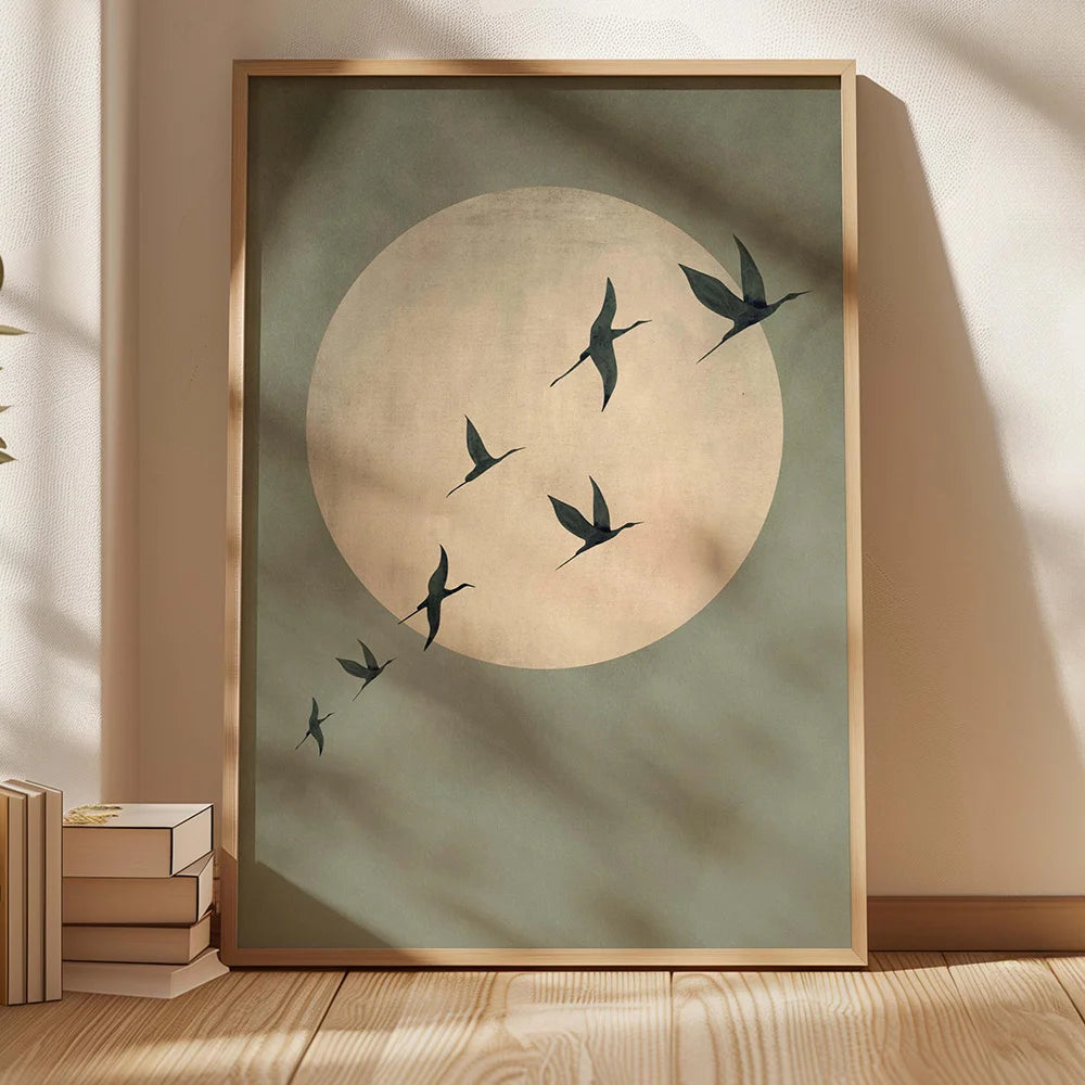 toile d'art minimaliste oiseaux volants fond uni verte olive moderne sans cadre chambre salon