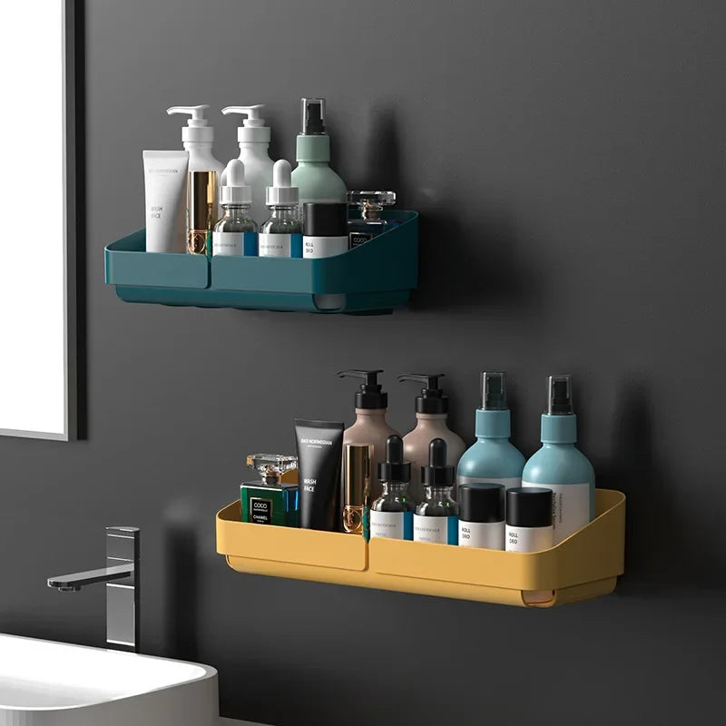 étagère rangement murale adhésive bleu jaune blanc moderne bouteilles flacons pots cosmétiques salle bains