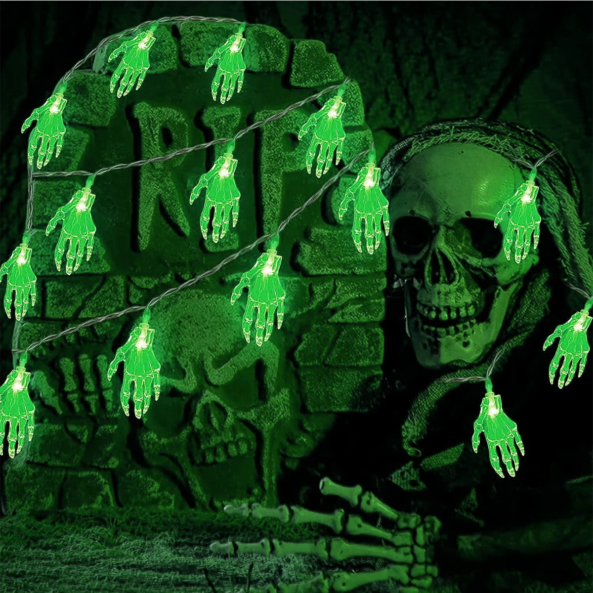 guirlande lumineuse halloween bleu vert multicolore main squelette extérieure auto batterie piles