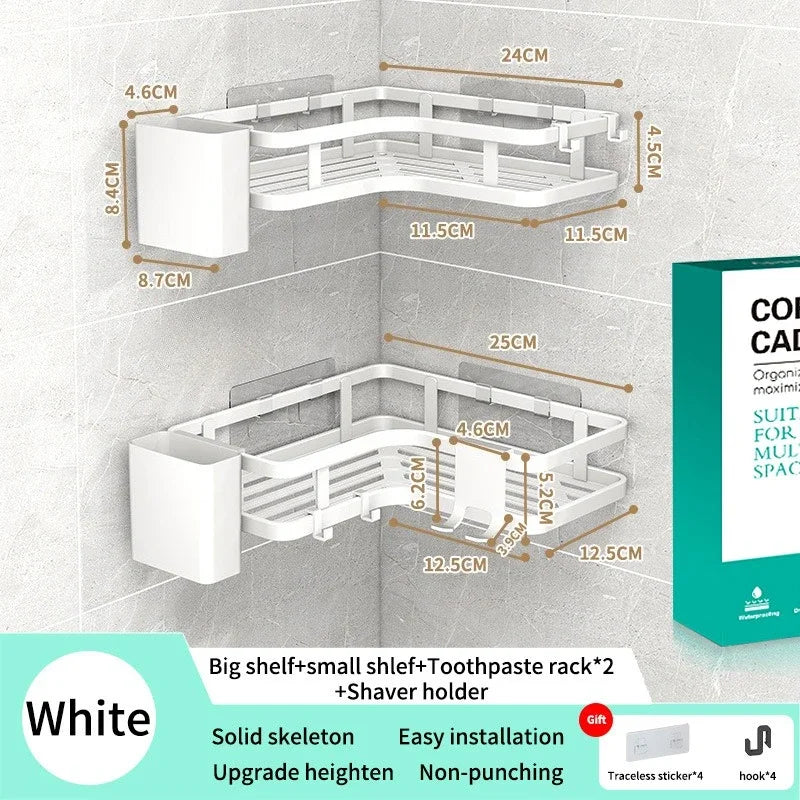 étagère salle bain angle double couche adhésive blanche noire moderne multifonctionnelle rangement muralement fixée