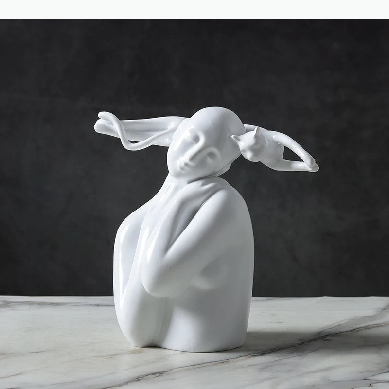 statue blanche moderne fille chat décoration chambre abstraite résine esthétique ornement sculptural
