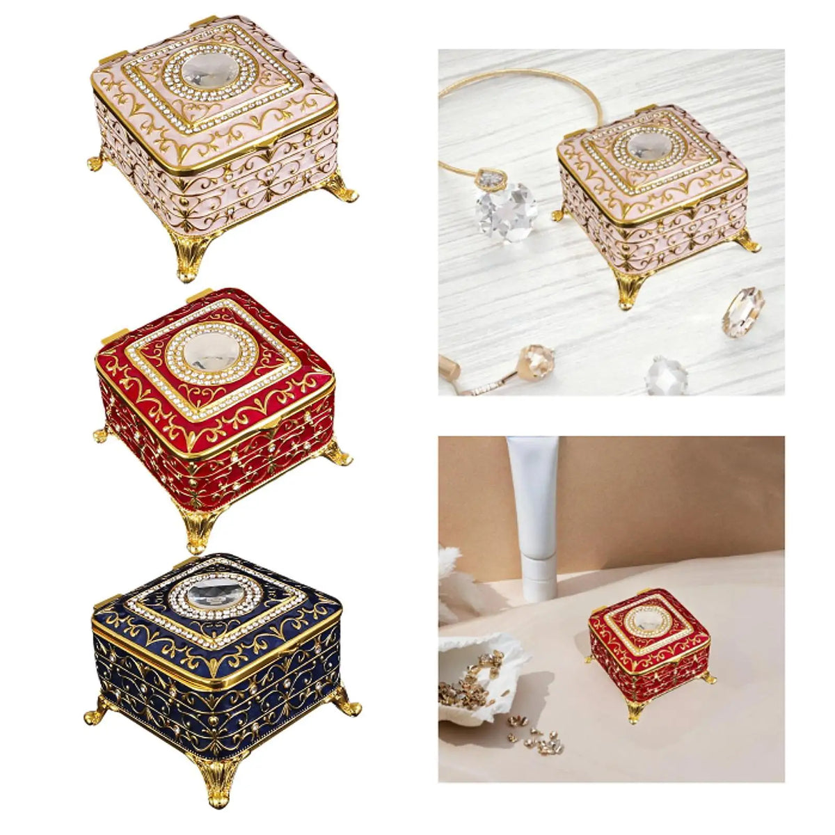 boîte bijoux ornementation florale dorée rose clair rouge bleu marine classique baroque storage box