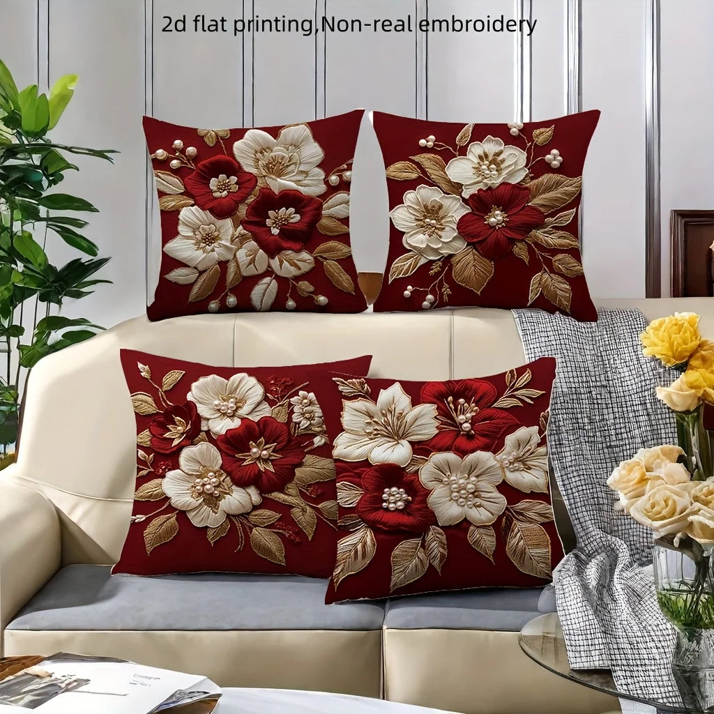 taies d'oreiller décoratives motif floral rouge bordeaux coussins carrés polyester 45x45cm décoration maison hospitalière