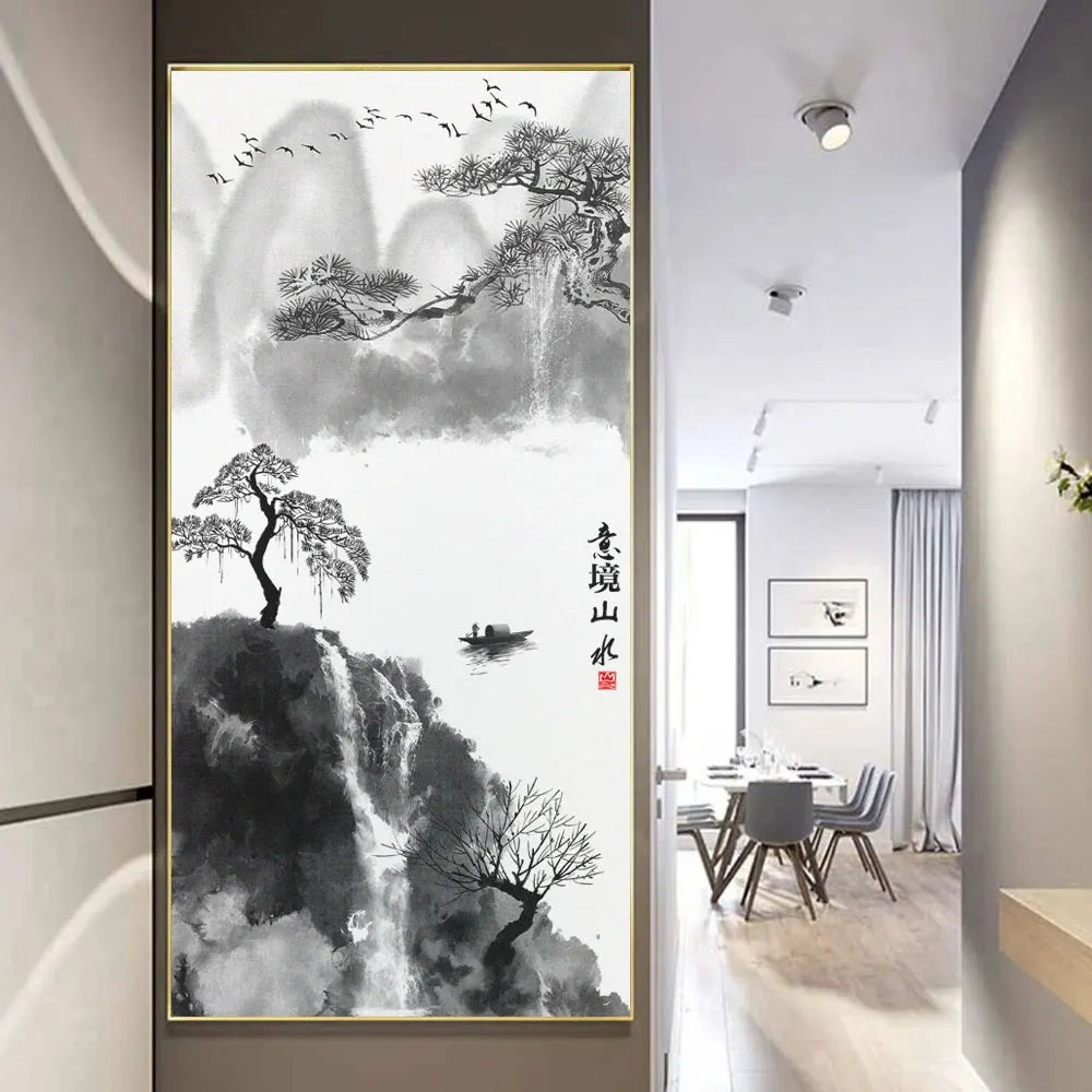 tableau decoratif abstrait paysage oiseaux arbre cascade art contemporain minimaliste pvc opaque noir blanc