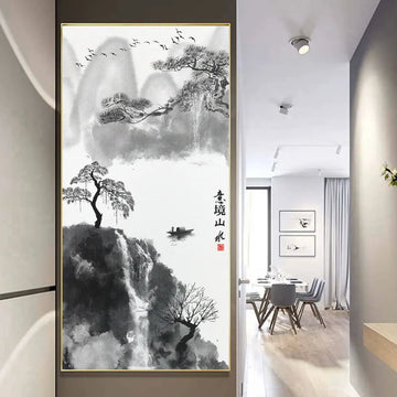 tableau decoratif abstrait paysage oiseaux arbre cascade art contemporain minimaliste pvc opaque noir blanc