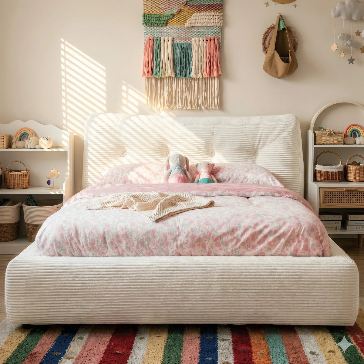 lit moderne tête lit amovible rayures horizontales imprimé floral beige gris roseclair confortable monté
