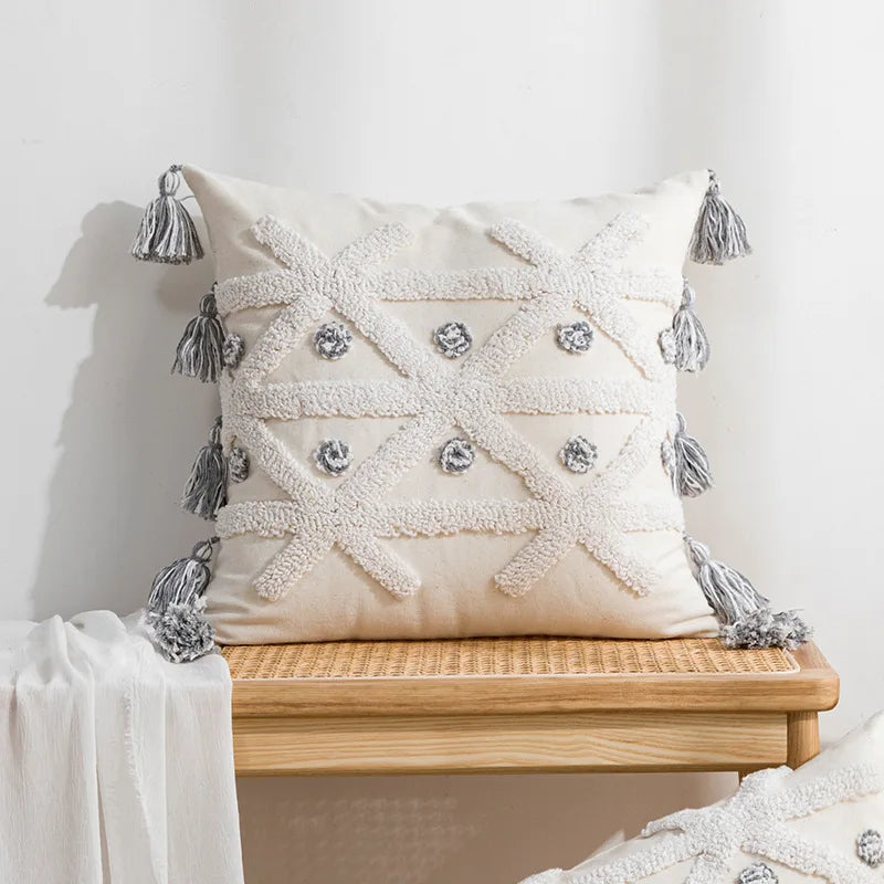 coussin géométrique moderne polyester gris beige amovible lavable contemporain decoration interieur tufter boheme