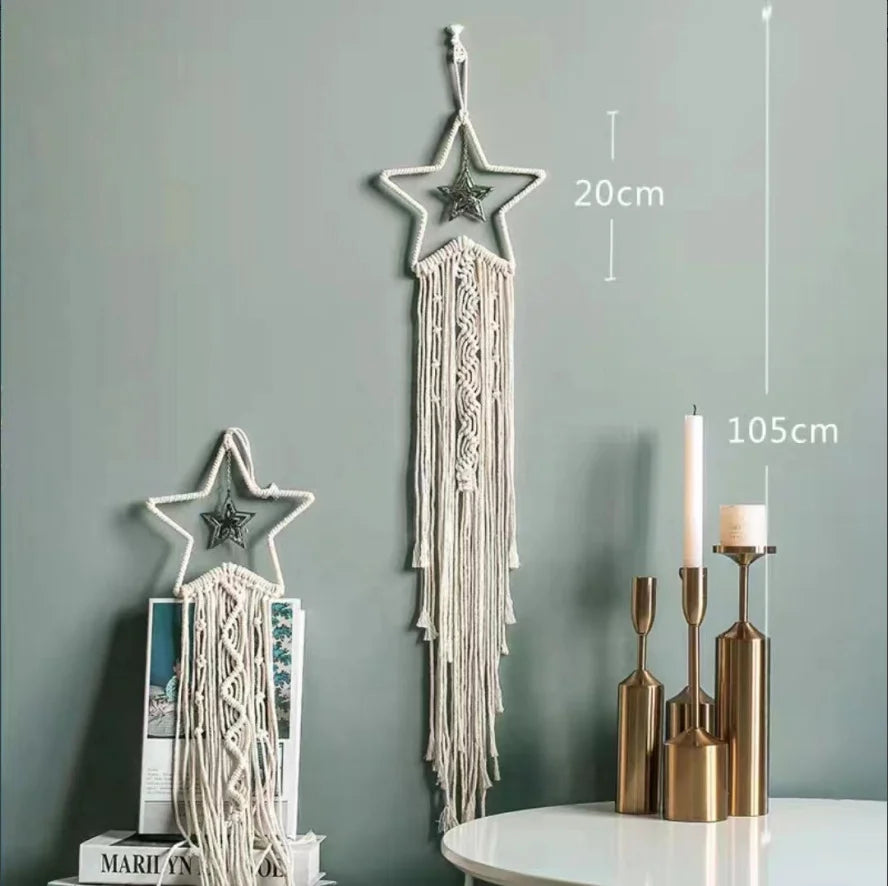 décoration murale boho chic macramé tissé main étoiles lunes franges couleurs vives chambre enfants