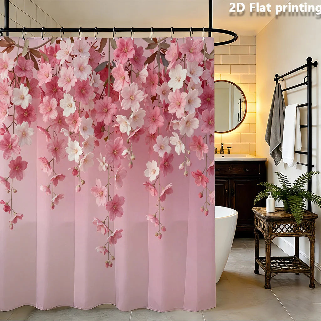 rideau douche moderne floral fleurs roses blanches polyester ourlet standard 120x180cm 150x180cm 180x180cm 90x180cm