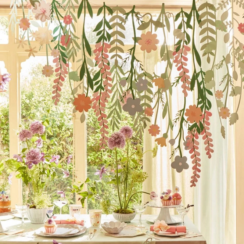 guirlande papier feuilles fleurs vert rose jaune pêche floral enfantin festif fil doréscrição