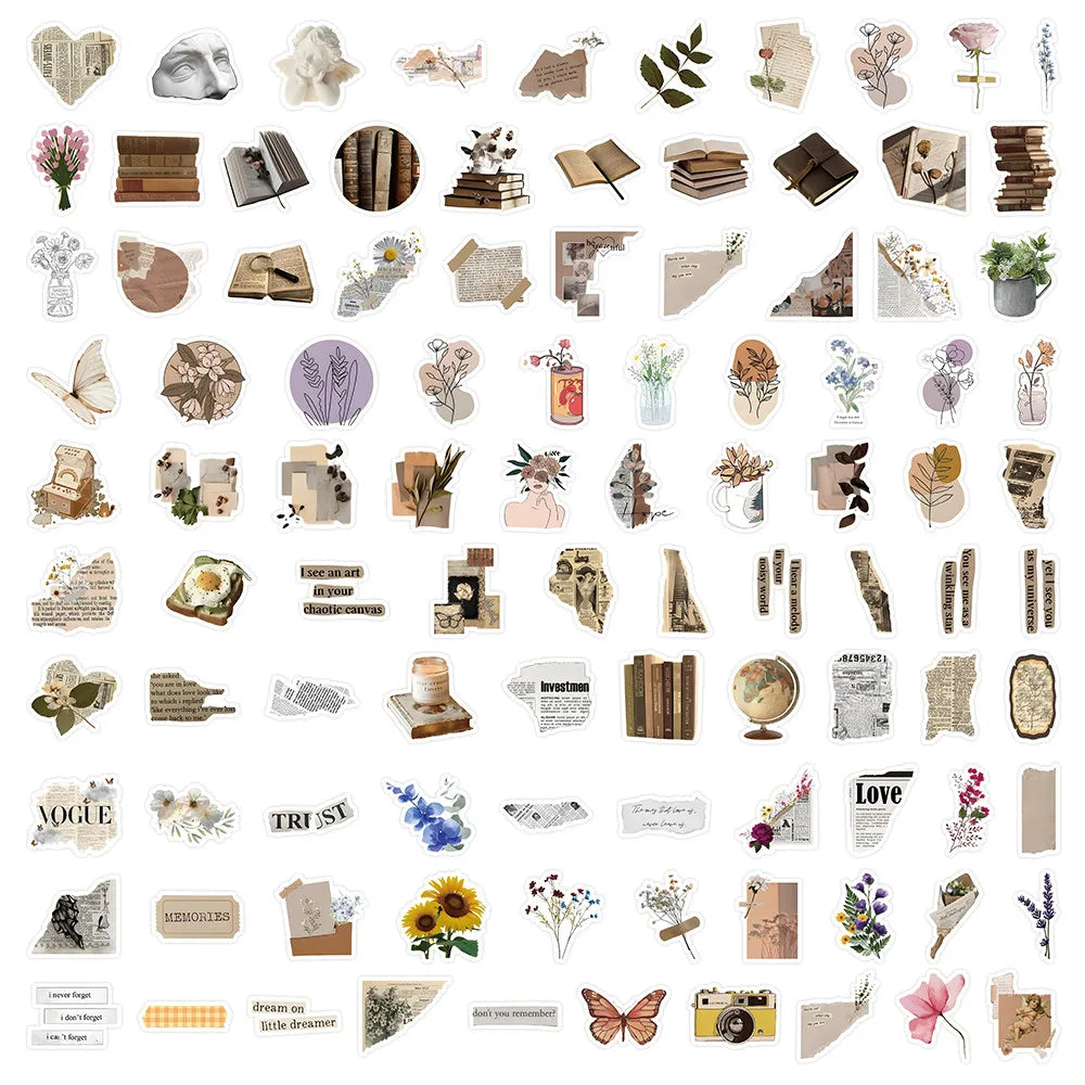 sticker vintage floral romantique livres fleurs papillons textes anciennes photos journal DIY scrapbooking