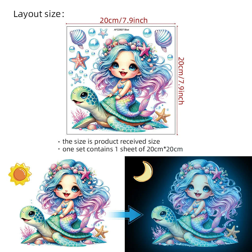 sticker mural sirène tortue dessin animé coquillages bulles chambre enfants filles nocturne glow decoration