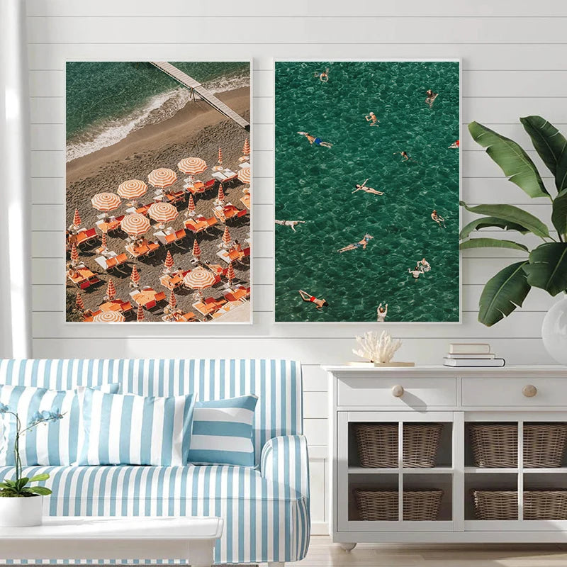 affiche moderne toile paysage plage parasols nageurs vert beige orangé poser sans cadre minimaliste