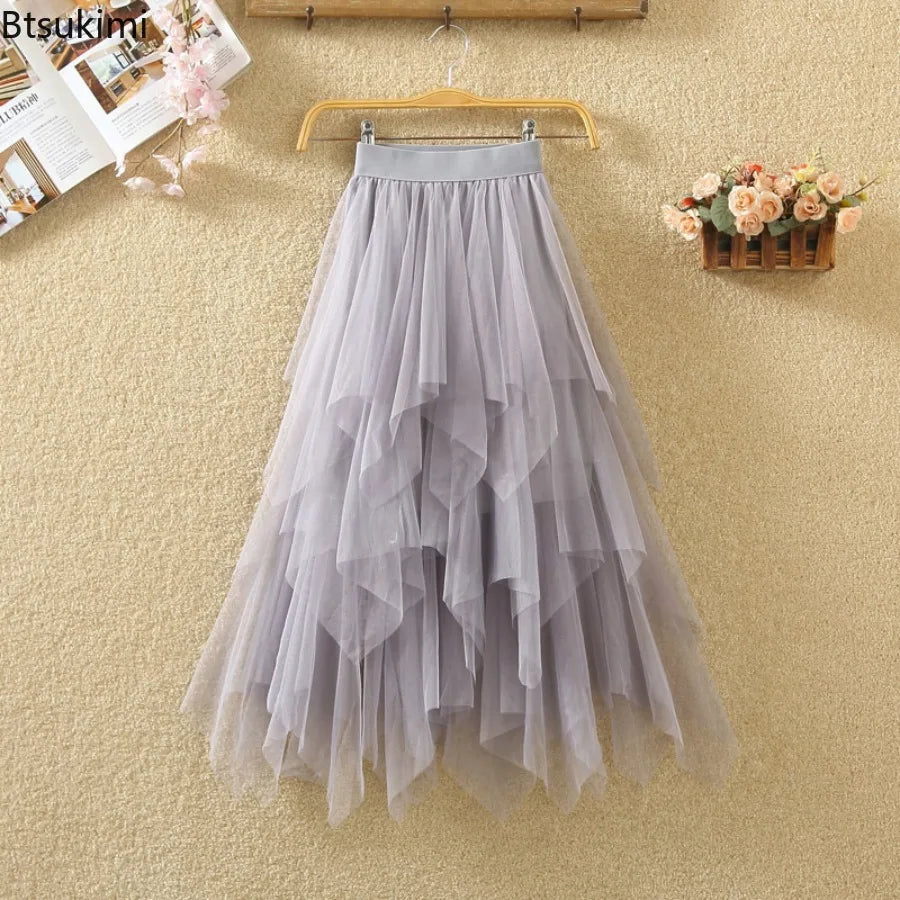jupe tulle plissée féminine élastique printemps été rose clair gris blanc noir élégante lignemidi