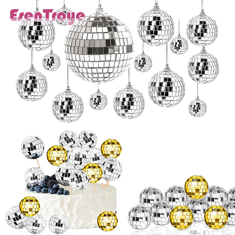 décoration fête disco boules miroirs nappes géométriques argentées dorées turquoises noires