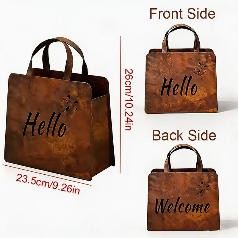 sac main vintage rustique métal poignées cuir inscription hello welcome