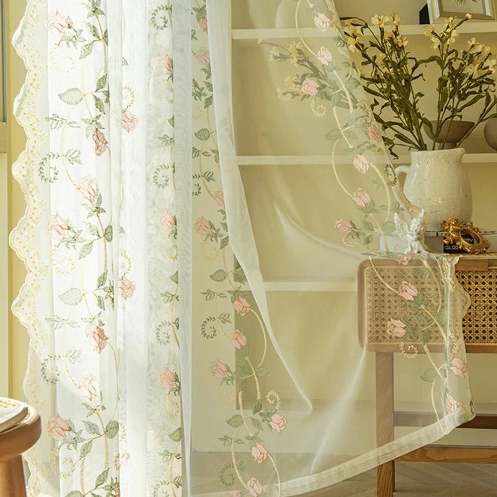 rideau floral transparent rose brodé classique romantique maison chambre filles