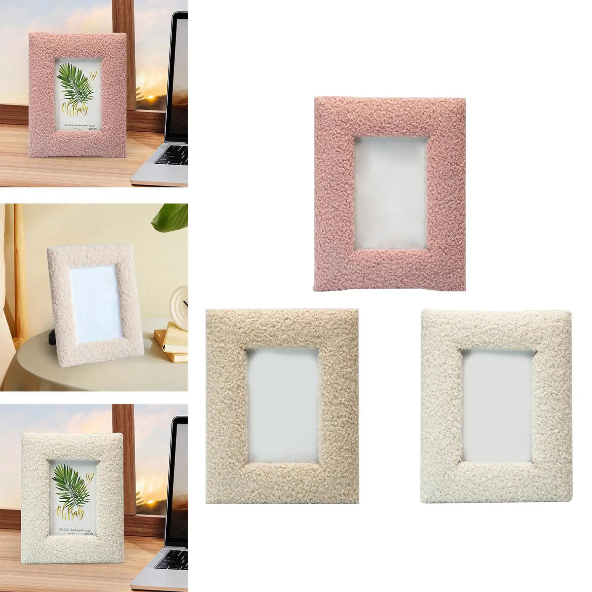 cadre photo moderne minimaliste bois peluche rose beige clair blanc cassé