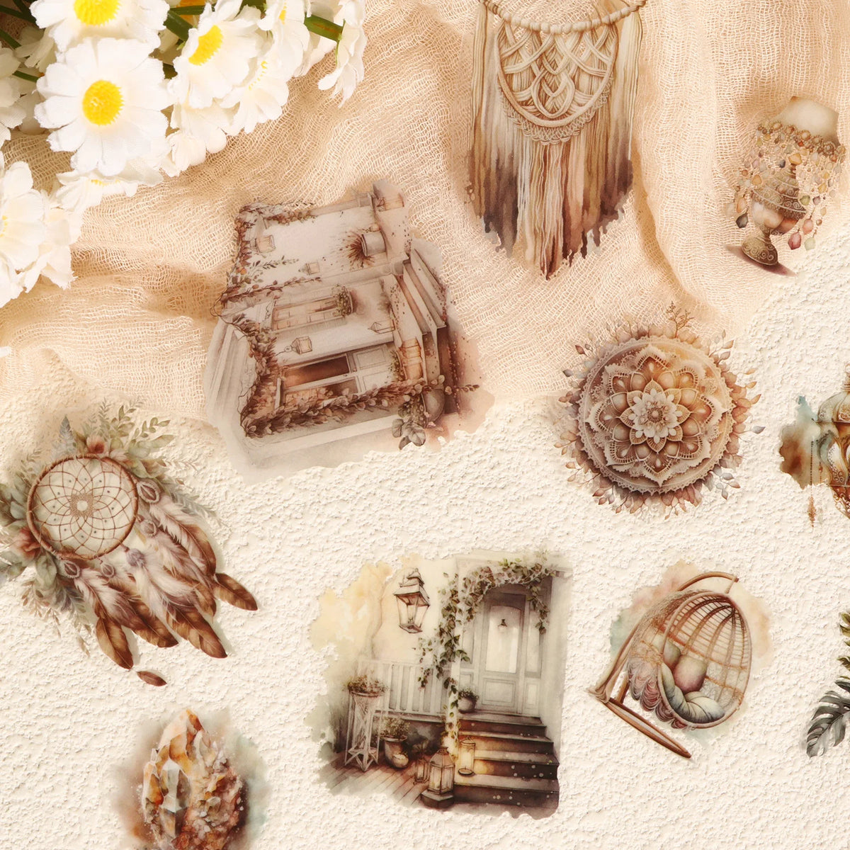 autocollants decoratifs boho chic motifs floraux cage oiseaux lanterne attrape reves feuillets opaques beige