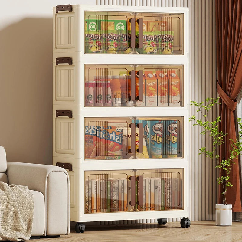 meuble rangement pliable moderne porte transparente rayures verticales beige clair roulettes salon cuisine