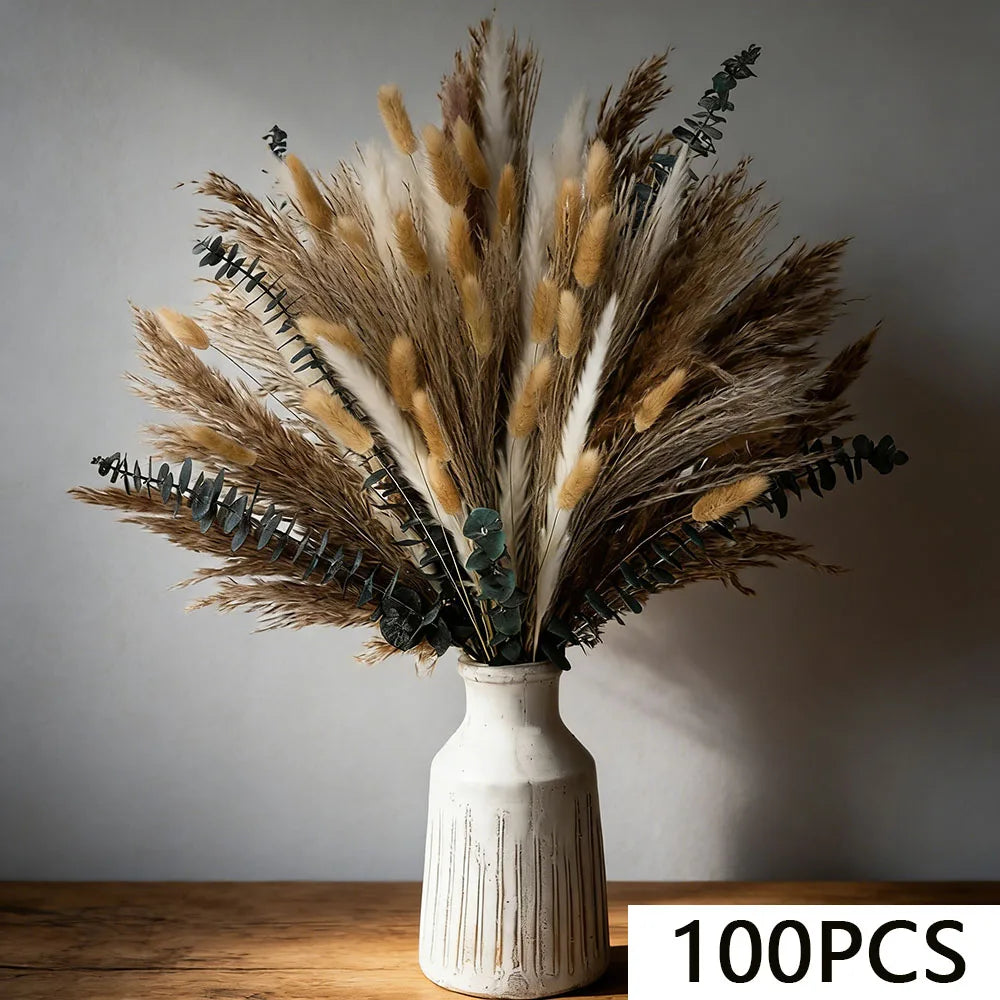 bouquet fleurs séchées eucalyptus roseau pampas beige blanc vert rustique décoration maison anniversaire mariage