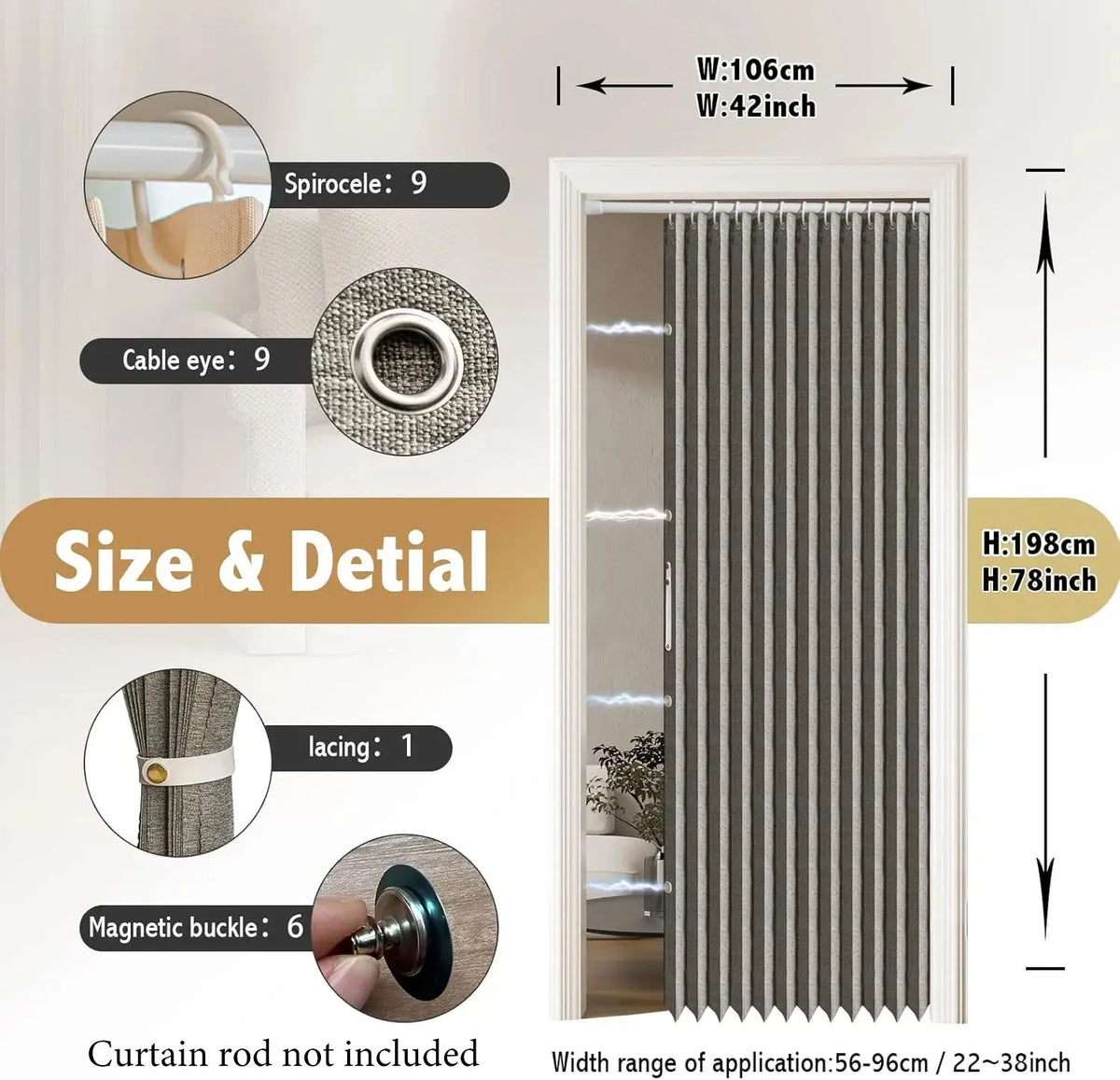 rideau porte plissé gris clair rayures verticales moderne boucles magnétiques polyester toute saison