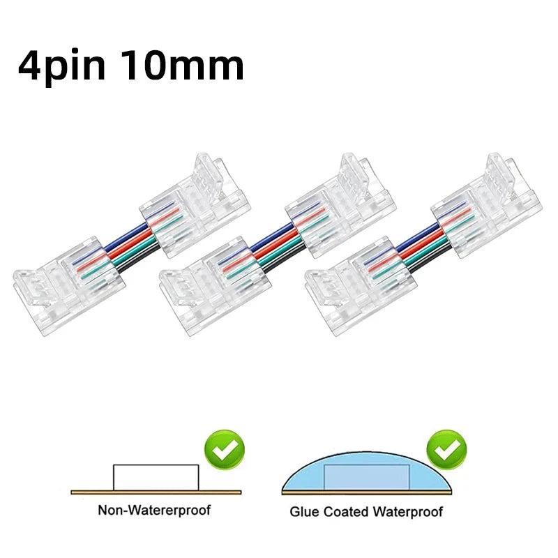 connecteurs led transparents broches dorées clips modernes 24v basse tension câbles colorés rouge vert