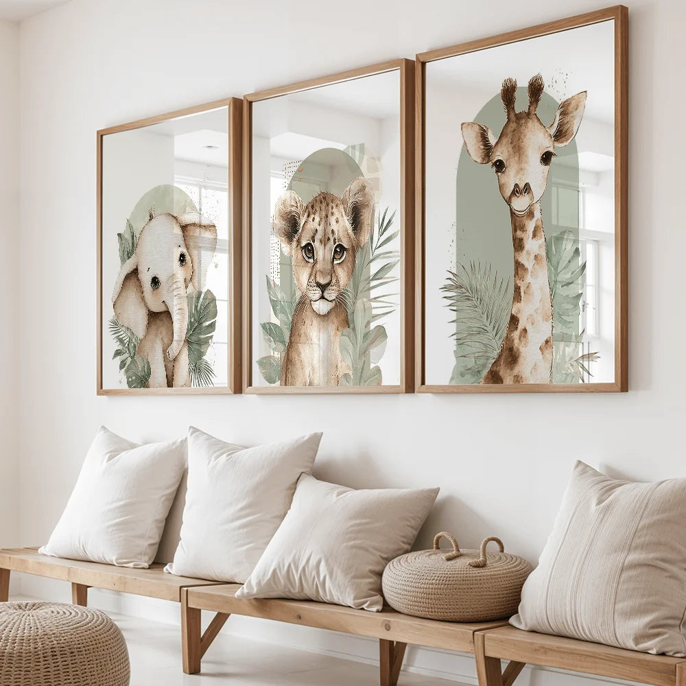 tableaux animaux éléphant lionceau girafe feuilles moderne chambre maison decoration toile cadres bois