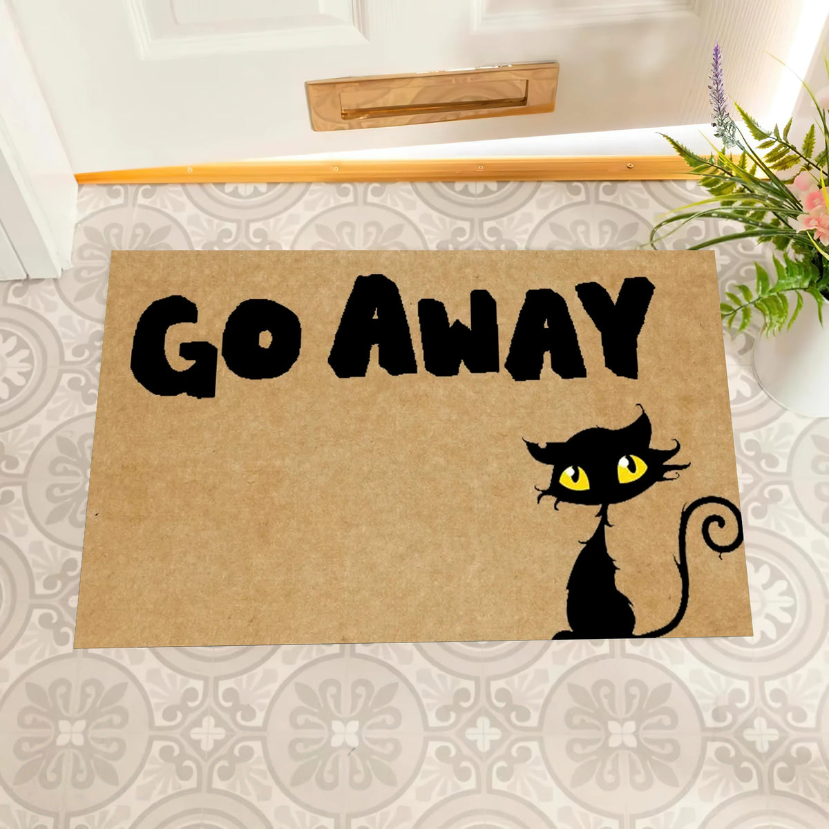 tapis d'entrée marron clair go away chat noir anti dérapant extérieur intérieur lettres géométrique
