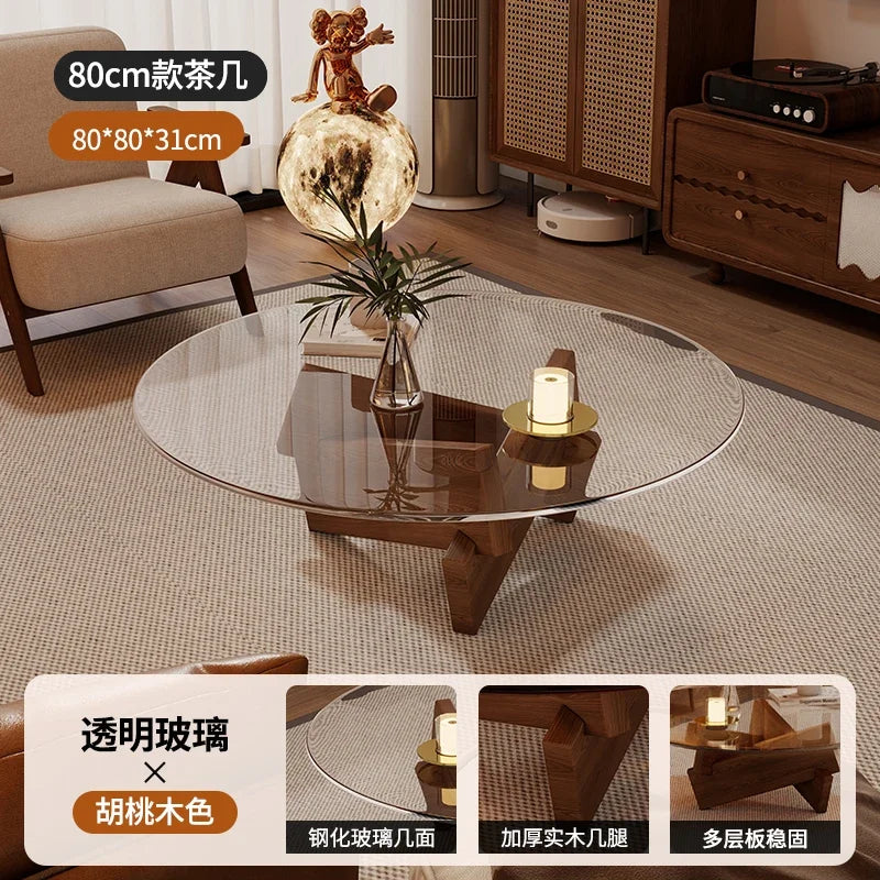 table basse moderne transparente bois marron clair plateau 70cm hauteur 31cm minimalistes