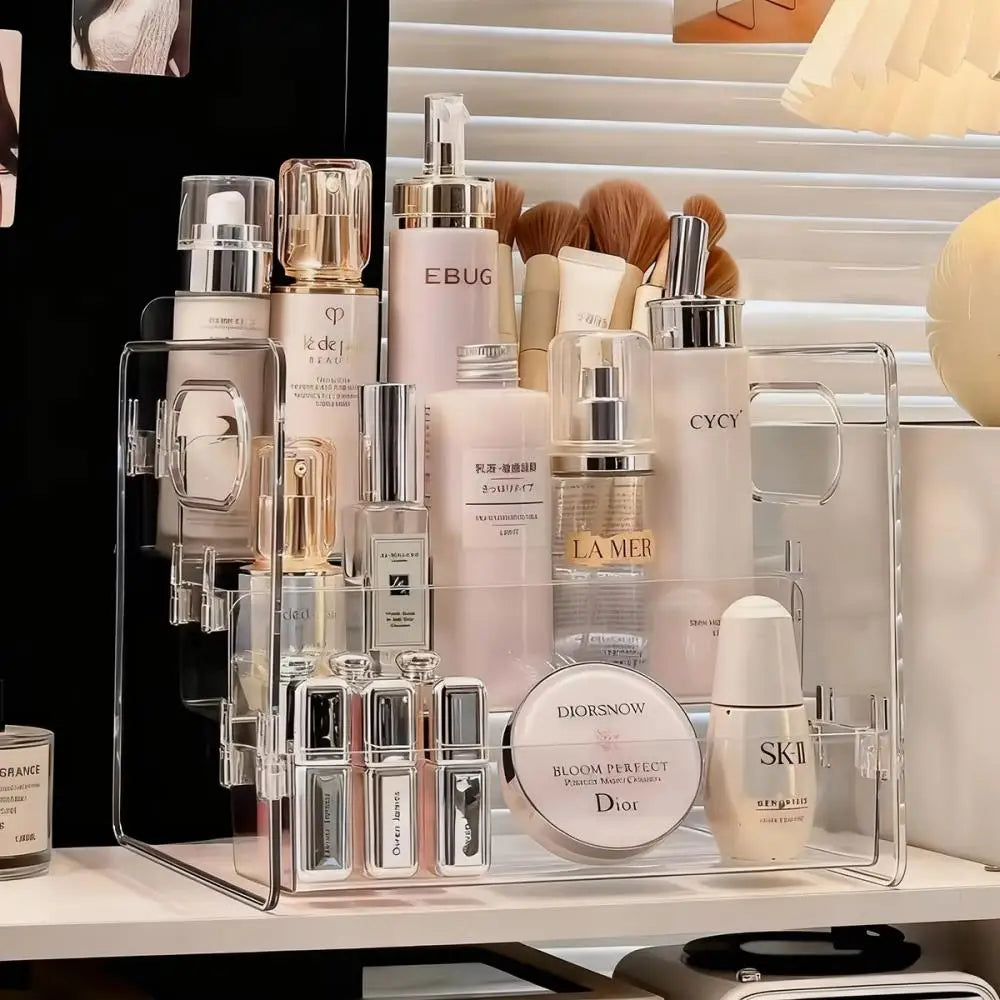 présentoir cosmétique transparent moderne brosse maquillage poudre crème solaire parfums poignées rangement minimaliste