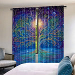 rideau moderne arbre stylisé branches ondulées fond galactique étoiles polyester bleu violet jaune vert