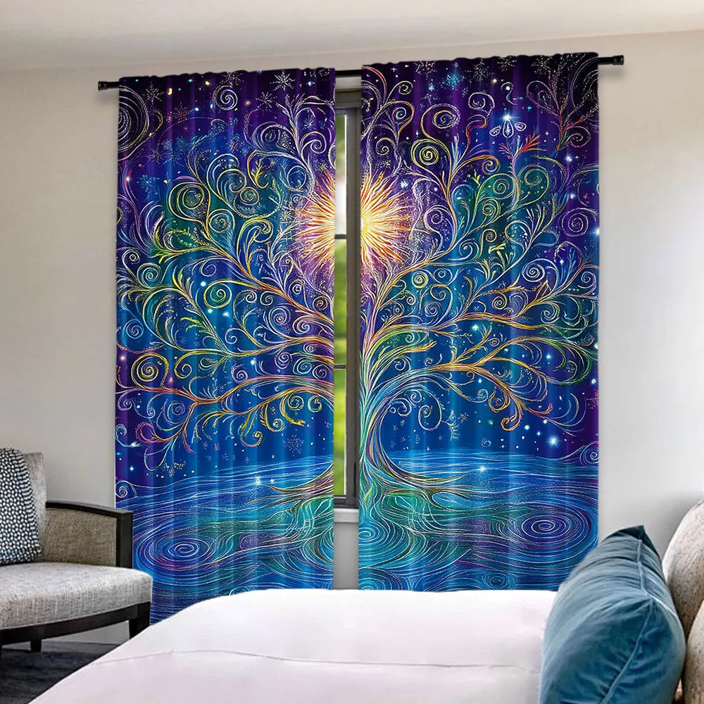 rideau moderne arbre stylisé branches ondulées fond galactique étoiles polyester bleu violet jaune vert