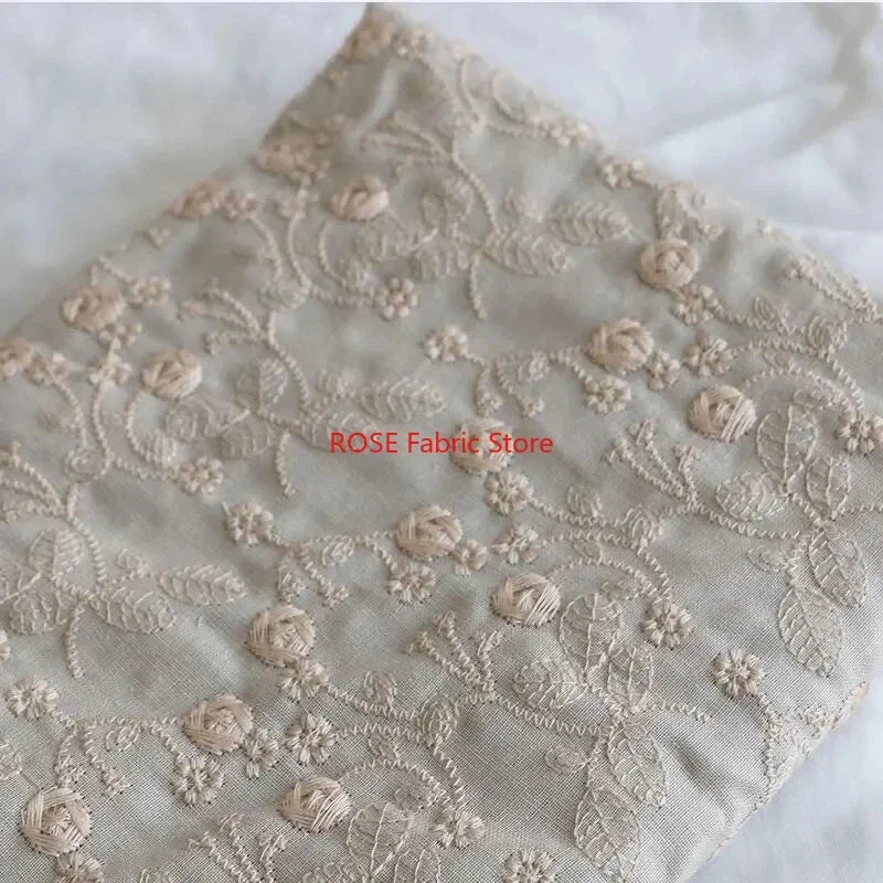 tissu coton lin brodé fleurs 3d beige clair classique decoration maison bricolage nappe oreiller