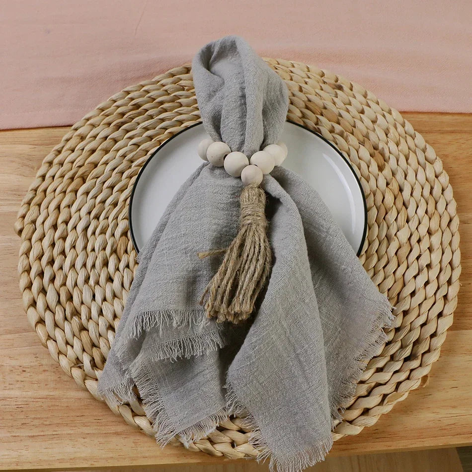 lot dix serviettes table coton beige clair franges rustiques mariage décoration chic maison