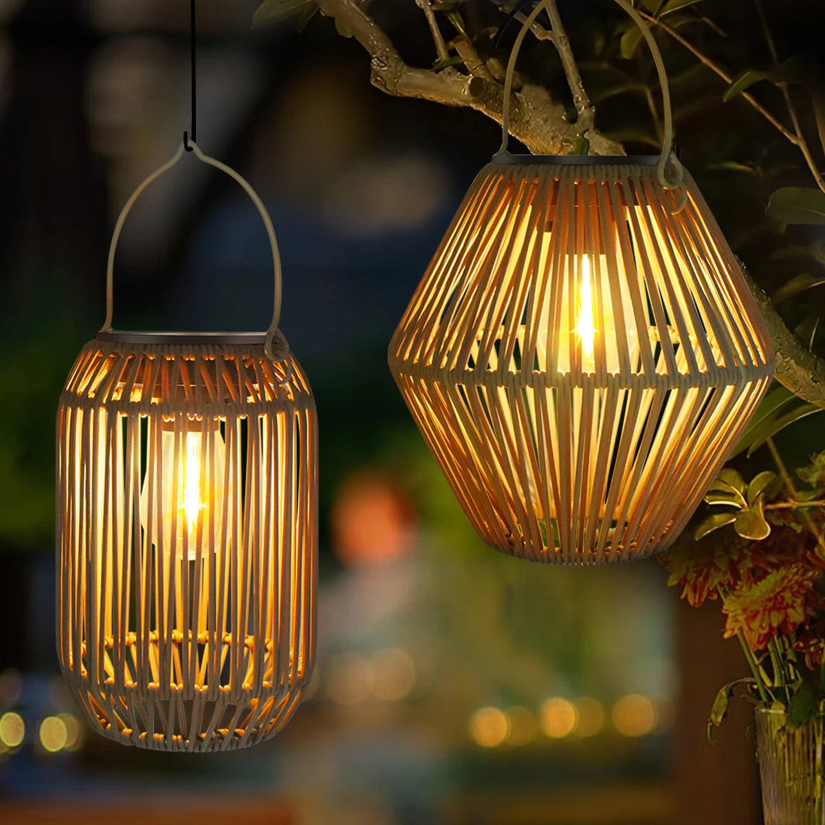 lanterne solaire suspendue tressée bambou bohème rustique led jardin extérieur